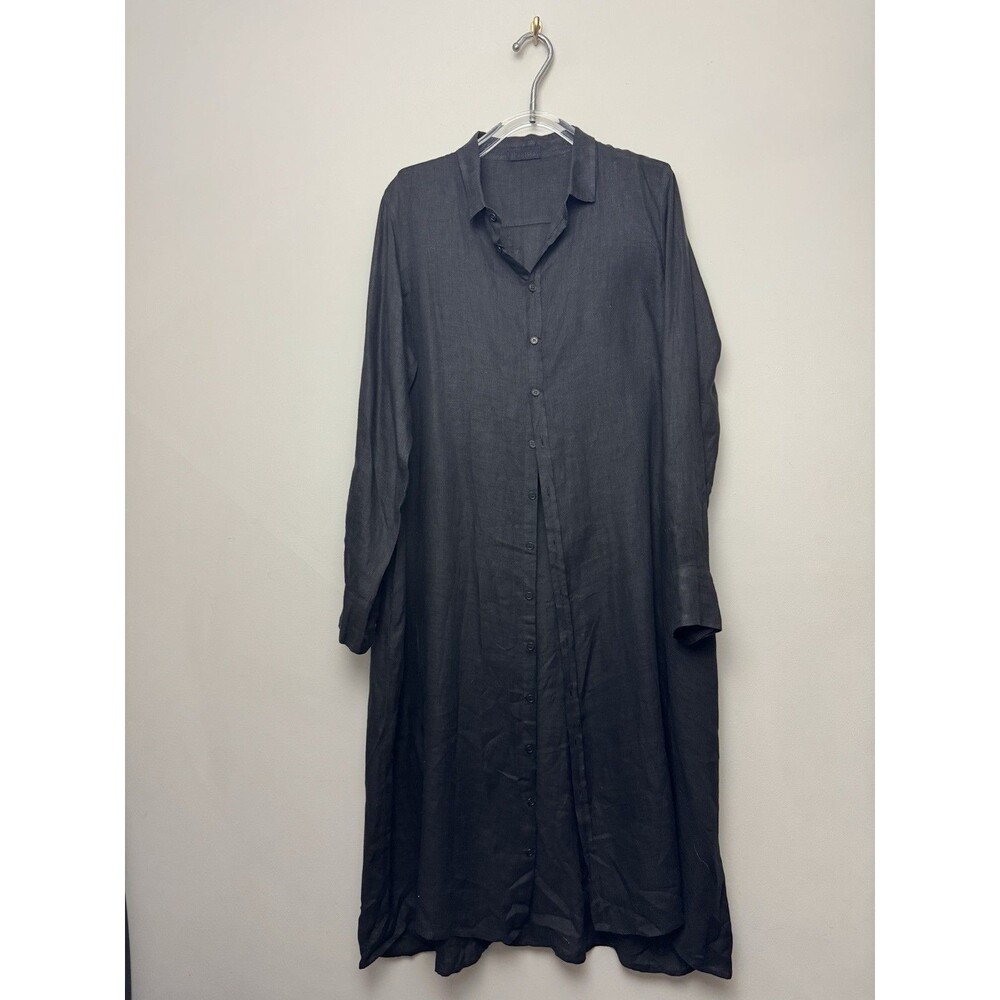 CP Shades Linen Maxi Shirt Dress Size Large Black Long Sleeve Button Collar